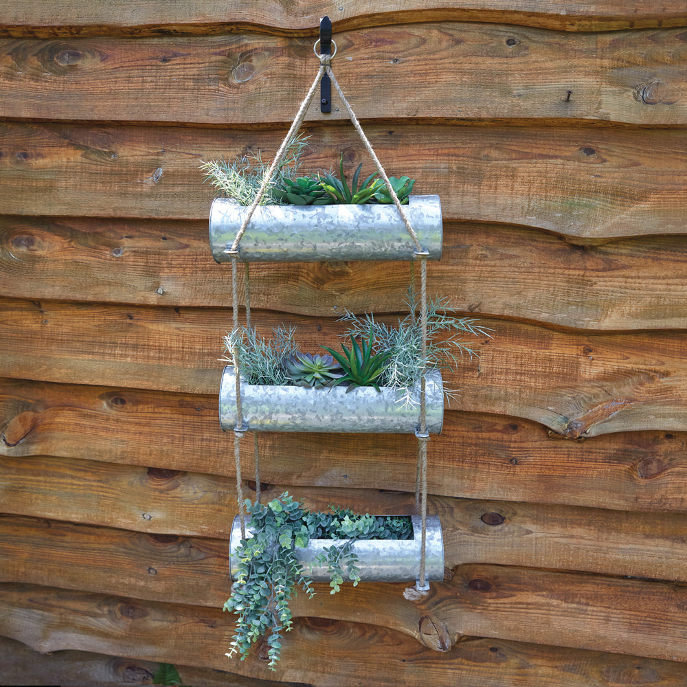 3 tier galvanized hanging planter Three-Tier Galvanized Hanging Planter with Hook