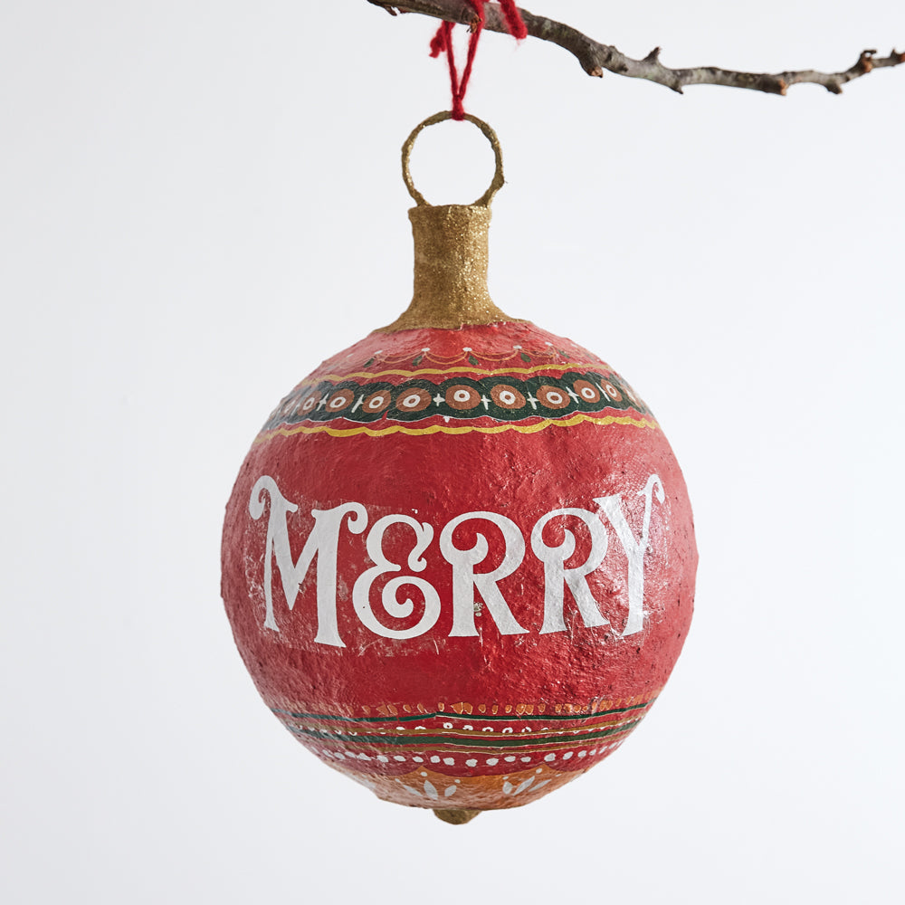 Oversized Merry Paper Mache Ornament