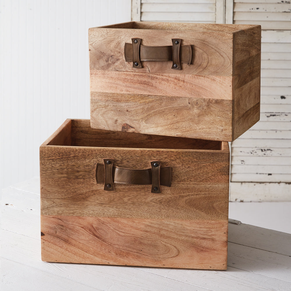 Leather Handled Wooden Box Set