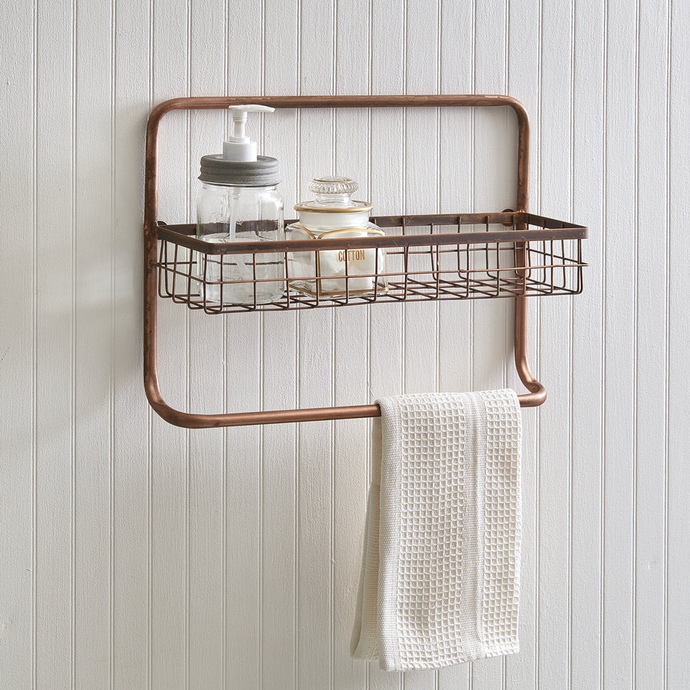 Copper Finish Bathroom Basket Shelf and Towel Bar
